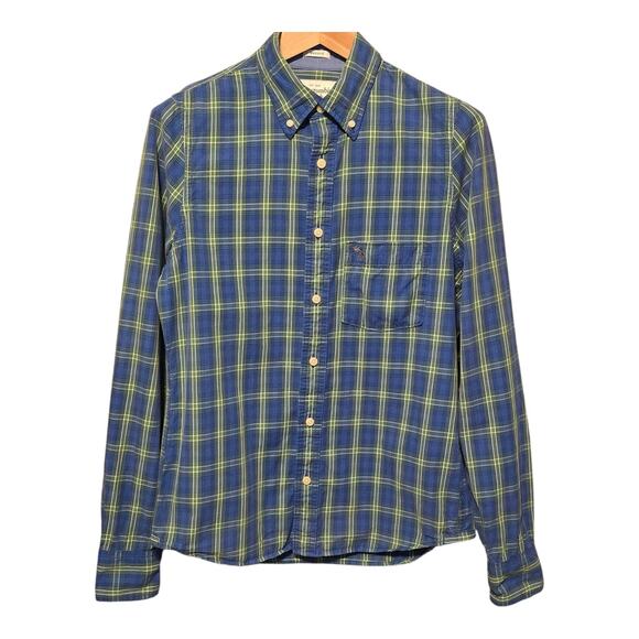 Abercrombie & Fitch Muscle Fit Mens Button Down Shirt Size M Blue Plaid Preppy - Picture 2 of 10